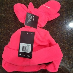 Nike Toddler Fleece Chin Strap Trapper Hat & Mittens 2 Piece Set Racer Pink